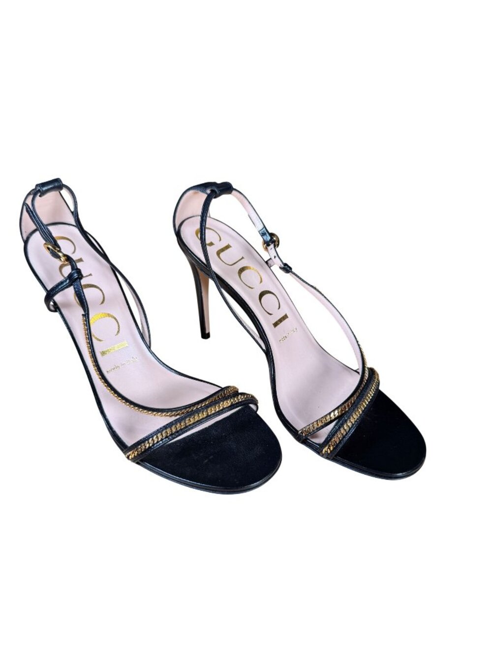 Gucci GG Black Leather Gold Chain Trim Slingback Sandal Size EU 38.5 US 8.5
